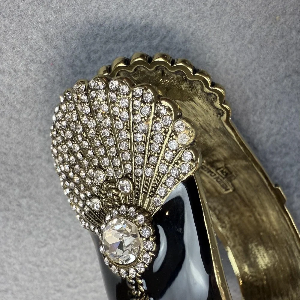Rhinestone Shell Bangle Bracelet Black Enamel Gold Tone Crystal Clam Bling Party